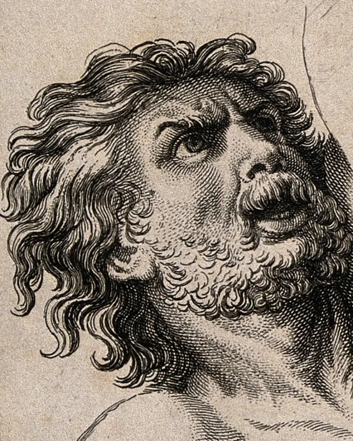 Engraved head of a bearded man looking up, mouth open, in anger and fear