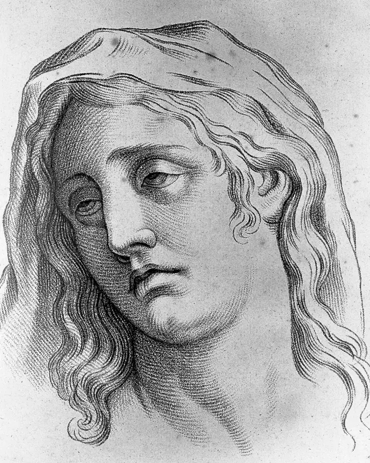 Engraved head of a young woman under a veil, eyes lowered in sadness