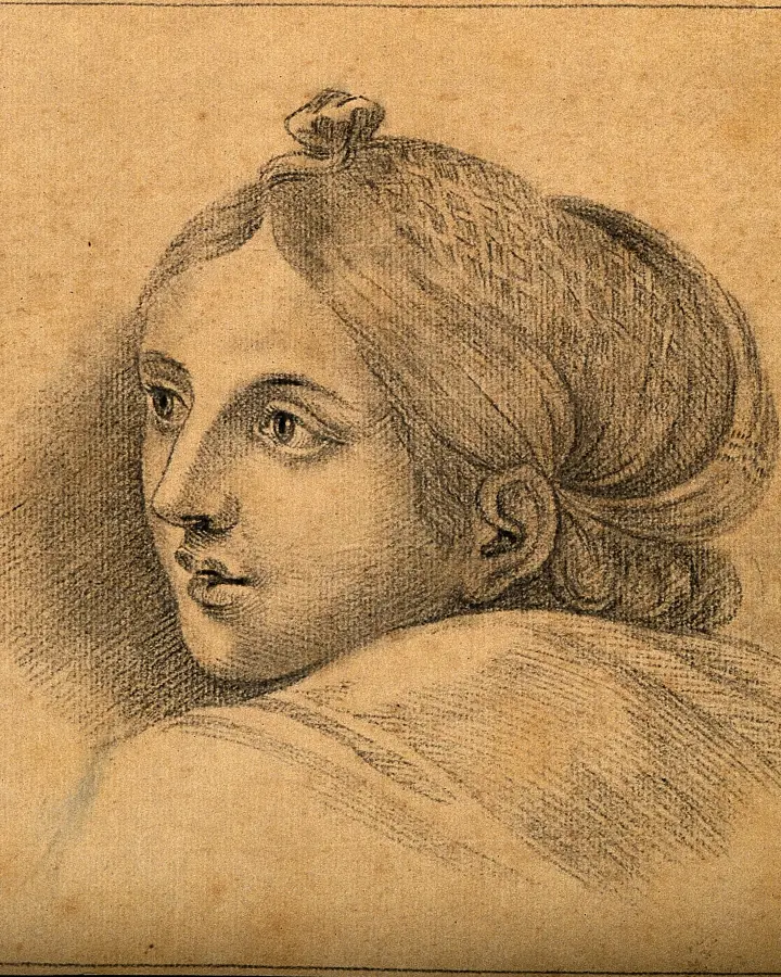 Chalk drawing of a woman looking over her shoulder, attentive