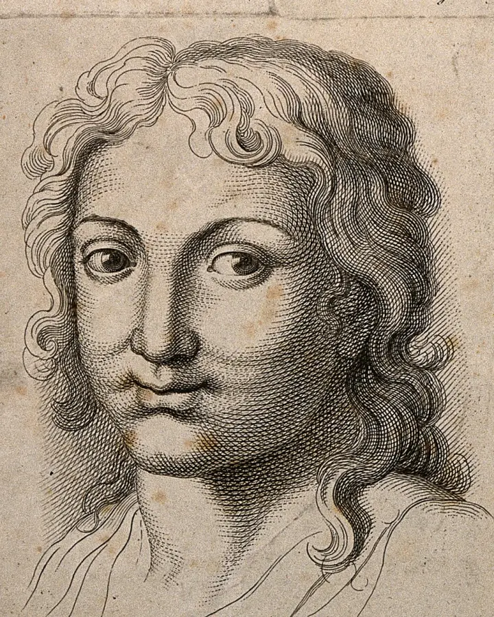 Engraved head of a young man with a quiet, contented expression