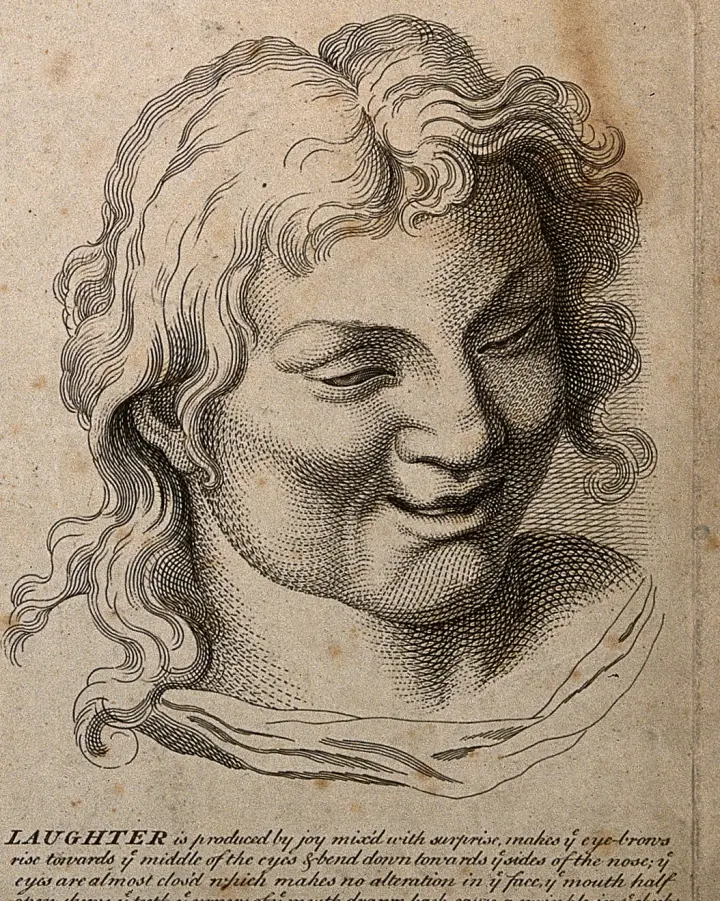 Engraved head of a young man laughing