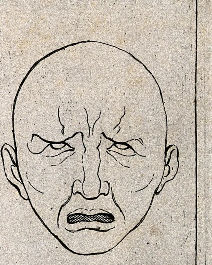 Engraved outline of a face pulled in two directions at once